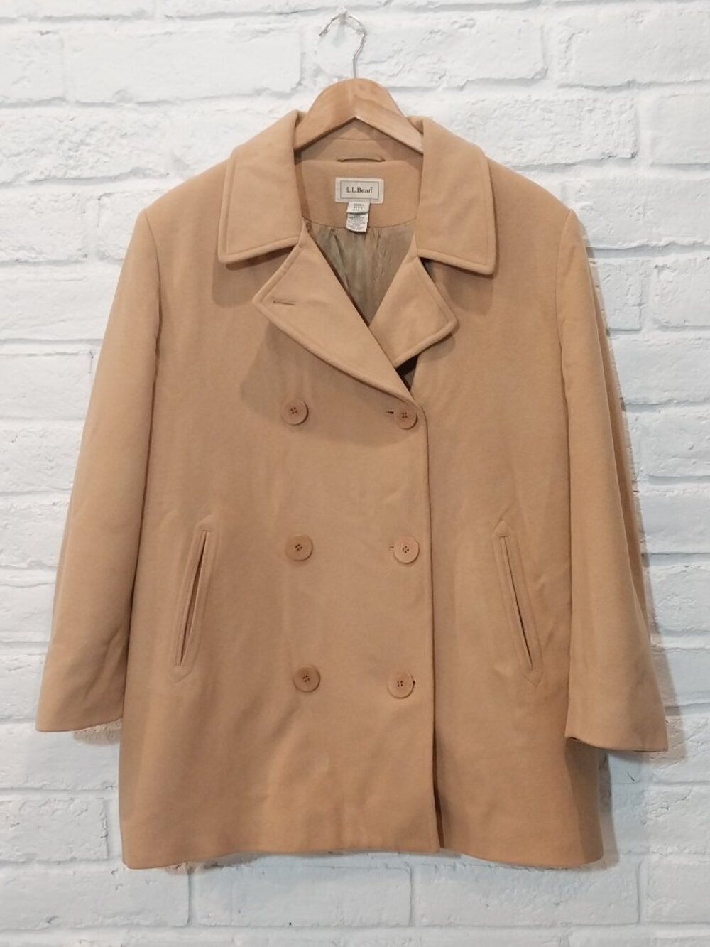 LL Bean Wool Cashmere Blend Peacoat Womens 16 Petite Camel Tan Double Breasted
